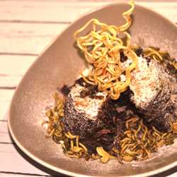 Indomie Spicy Chocolate Cake with Honey Glazed Crisp and Matcha Crumble